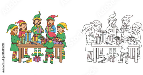 Christmas Elves Wrapping Gifts Coloring Page, Santa's Workshop Illustration for Kids, Colored and Outline Vector Set