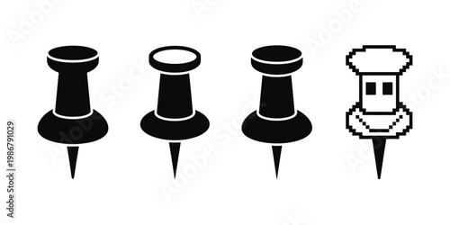 Push Pin and Thumbtack Icons Set – Office Stationery Vector Collection, Colorful and Minimal Pin Symbols for Notice Boards, Maps, UI Design, Web Elements, and Business Presentation Graphics