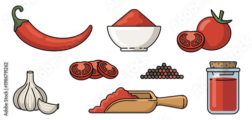 Red chili pepper and spicy ingredients set, flat vector illustration, chili powder, garlic cloves, sliced chili and peppercorns, cooking spice concept
