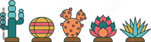 Whimsical garden icons with colorful cartoon plants and decorative sphere for playful decor and lifestyle concepts