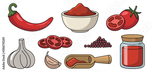 Red chili pepper and spicy ingredients set, flat vector illustration, chili powder, garlic cloves, sliced chili and peppercorns, cooking spice concept