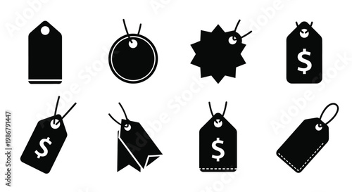 Collection of black silhouette price tags and labels in varied designs