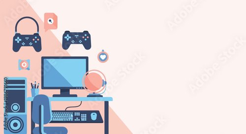 A flat vector illustration featuring a minimalist gaming setup with a desktop computer, controllers, and accessories in blue and peach colors.