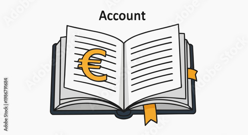 Financial account ledger book with euro symbol, accounting journal vector illustration, business bookkeeping and banking record icon