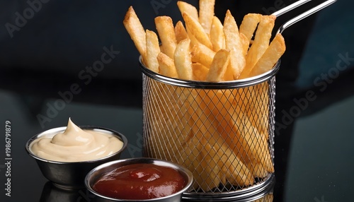 Delicious crunchy potato fries in metal basket high resolution picture