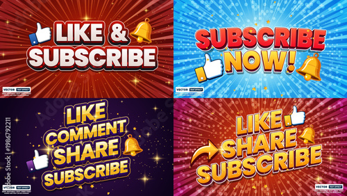 Like and subscribe now; like, comment, share; like, share, subscribe buttons with subscribe engagement, notification, communication, internet template, colorful illustration.