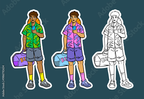 Cartoon Character of a Teen Boy Carrying a Travel Bag and Phone