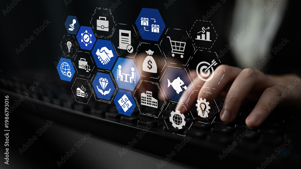 Fototapeta premium Business concept icons showing mergers and acquisitions, partnership, investment, and growth. mergers and acquisitions creates synergy, supports expansion, and drives corporate value. Entice