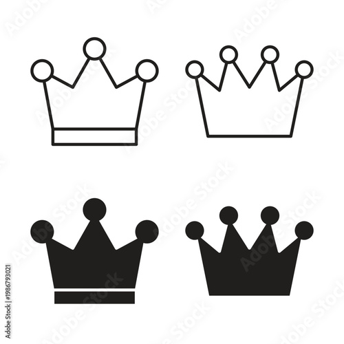 Crown icon collection in black color. Stroke Lines and flat silhouette style icons