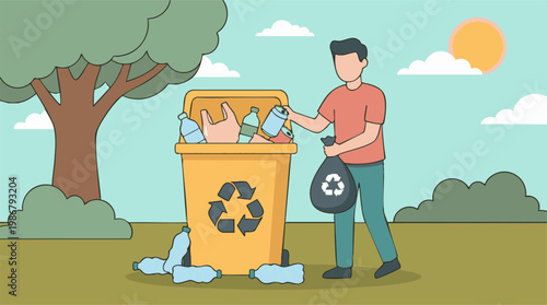 Man placing recyclable materials into a bin, emphasizing environmental protection