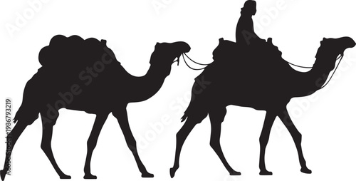 Camel Caravan Silhouette with Riders, Desert Travel Scene Vector Illustration