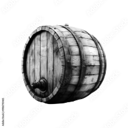 Halftone illustration of wooden barrel isolated on white background, dotted retro style, concept of storage, wine, beer and aging.