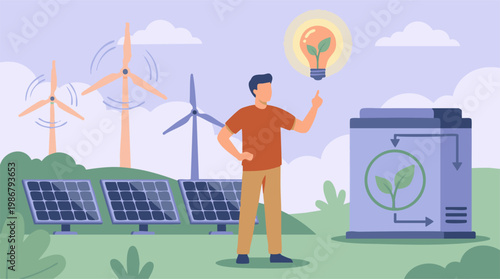 Renewable energy innovation concept with man, solar, wind power, and eco solutions