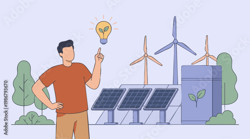 Man with idea for renewable energy solution, featuring solar panels and wind turbines