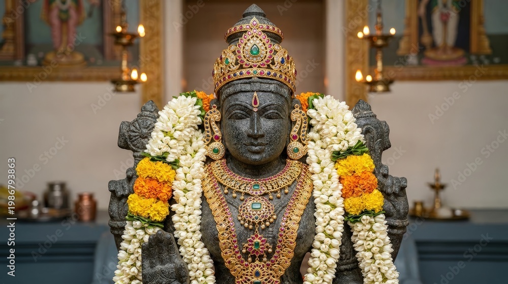 Fototapeta premium Ornate Sacred Deity Statue with Gemstone Crown and Floral Garlands in Dramatic Temple Lighting