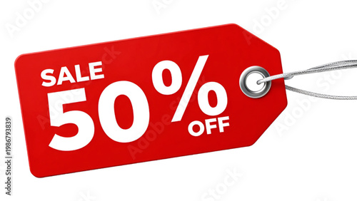 50 Percent Off Red Sale Tag Vector Isolated on transparent Background. Special Offer Fifty Percent Discount Badge for Retail and E-commerce. Red Discount Coupon Label with 50% Off Text. 