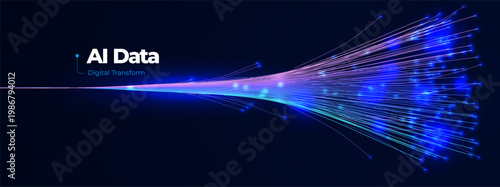 AI Wave Digital Data Network Flow, Blue Wavy Lines Information Stream, Futuristic Visualization Design for Data Science Research, Artificial Intelligence Innovation Technology. Vector Illustration