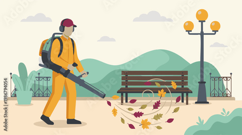Man with backpack leaf blower clearing colorful autumn leaves in a park
