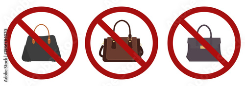 Vector set of prohibitory bag signs. Carry-on baggage forbidden. Bags in ban. Collection of information stickers
