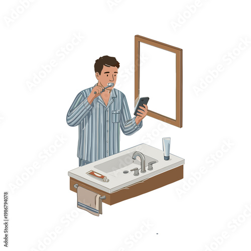 Man shaving in front of mirror with phone in hand
