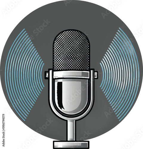 Microphone icon, audio symbol, sound wave, podcasting logo, vector illustration