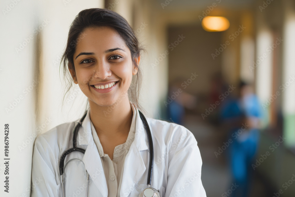 Fototapeta premium Minimal close-up portrait of indian medical student wearing white coat and stethoscope smiling confidently in hospital training corridor, soft natural window lighting, ultra-sharp focus with copy