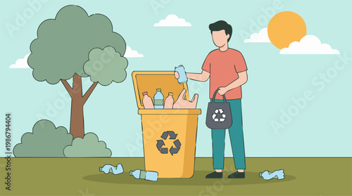 Man collecting and sorting recyclable waste into a bin in a natural setting