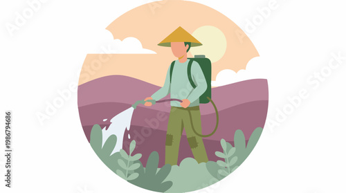 Minimalist illustration of farmer spraying plants in a field with backpack sprayer