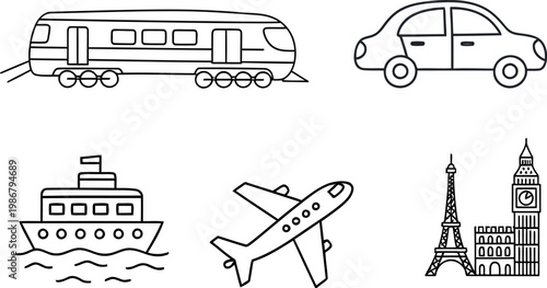 Black and white doodle illustrations of various modes of transportation and landmarks