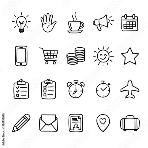 Hand Drawn Business and Daily Life Essentials Doodle Icon Set - Sketched UI Elements and Symbols