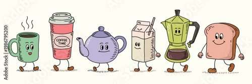 Hand Drawn Coffee Mascot Set – Cute Character Illustrations of Coffee-Themed Figures, Doodle Style Vector Collection for Cafes, Branding, Stickers, Packaging, and Creative Design Projects
