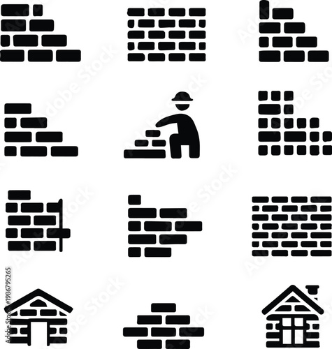 brick wall icons masonry trowel mortar house structure vector pack set