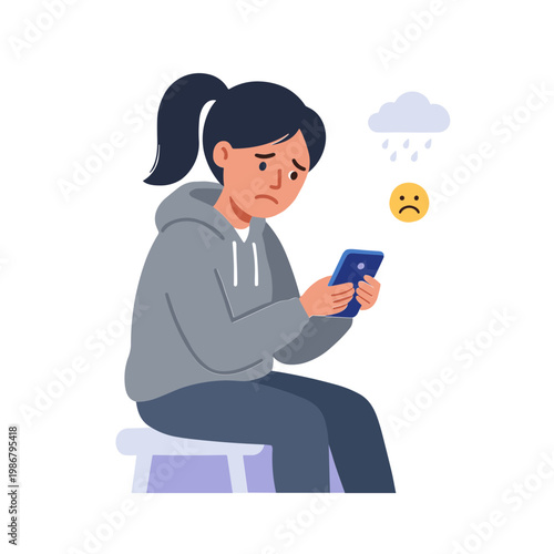 A woman sits on a stool looking sad while checking her phone on a rainy day
