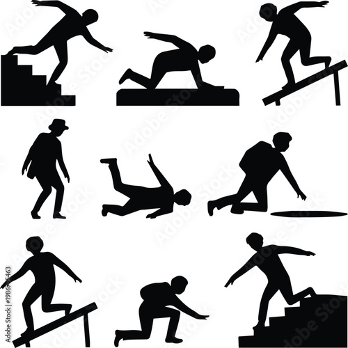 slip hazard pictogram set of falling and tripping figures