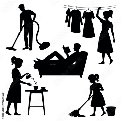 Daily home activities silhouettes showing vacuum cleaning hanging laundry making tea relaxing on sofa mopping floor lifestyle routine scenes vector set