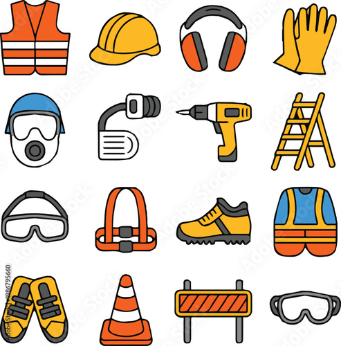 safety ppe icons construction equipment protective gear vector