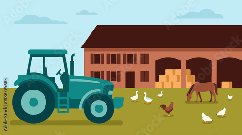 Idyllic rural farm landscape with tractor, barn, horse, and poultry