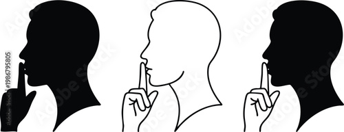Minimalist Silence Gesture and Shh Finger Icon Set, Modern Confidentiality and Quiet Profile Vector Graphics.