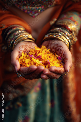Minimal hindu woman hands with mehndi and bangles holding flower petals for prayer ritual, warm natural light with minimal design