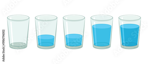Set of five glasses of water with different filling levels from empty to full, hydration stages and liquid measurement concept, clean vector illustration.