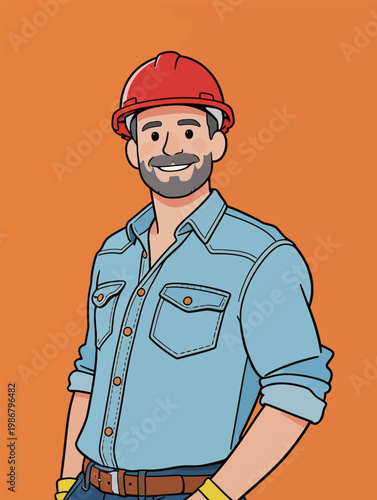 Smiling Male Worker in Red Helmet and Denim Shirt