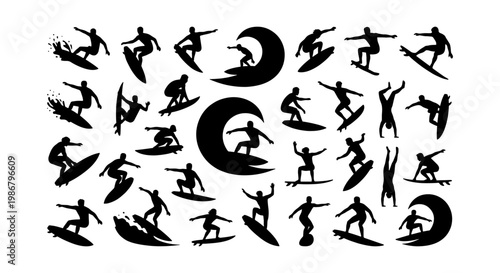 Surfing silhouette collection with 28 black vector icons, surfer man riding ocean waves, extreme water sports athletes in action poses