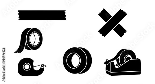 Black adhesive tape vector icons set, masking tape rolls and dispenser silhouettes, duct tape strips for office and packaging design