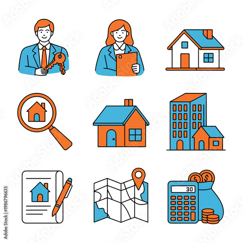 Real estate professionals activities showing agents engaging in property buying selling consulting viewing and negotiation process vector illustration set