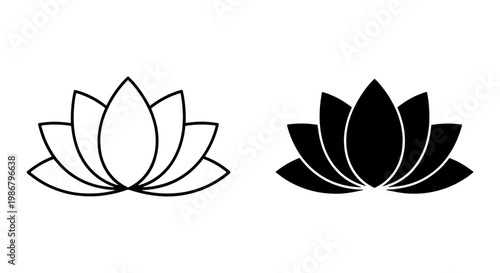 Minimalist lotus flower vector icons, black and white floral silhouette set, zen yoga lily symbols for wellness branding and spa logo design