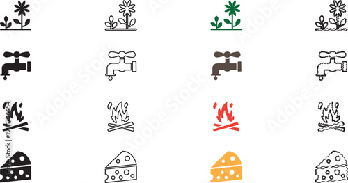 Minimalist nature and lifestyle icon set featuring blooming flowers, water faucets, campfire flames, and wedges of Swiss cheese.