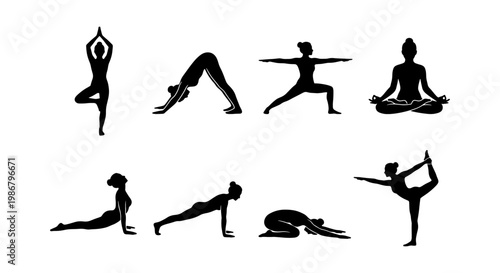 Yoga poses silhouette collection, set of 8 female yoga asanas icons, black minimalist fitness silhouettes for wellness and meditation branding