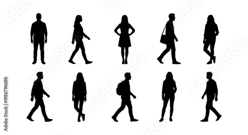 Black silhouettes of people walking and standing, set of 10 diverse human figures in various poses, flat vector collection of men and women