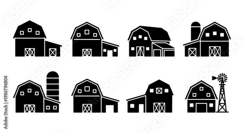 Rustic barn silhouettes set, 8 farm building icons with silos and windmills, black country house vector illustrations for agriculture branding