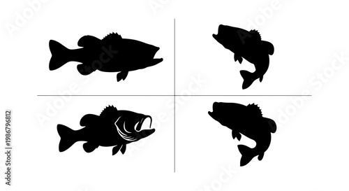 Largemouth bass fish silhouette collection, set of 4 black fishing vector icons, jumping and swimming freshwater bass graphics for outdoor sport logos